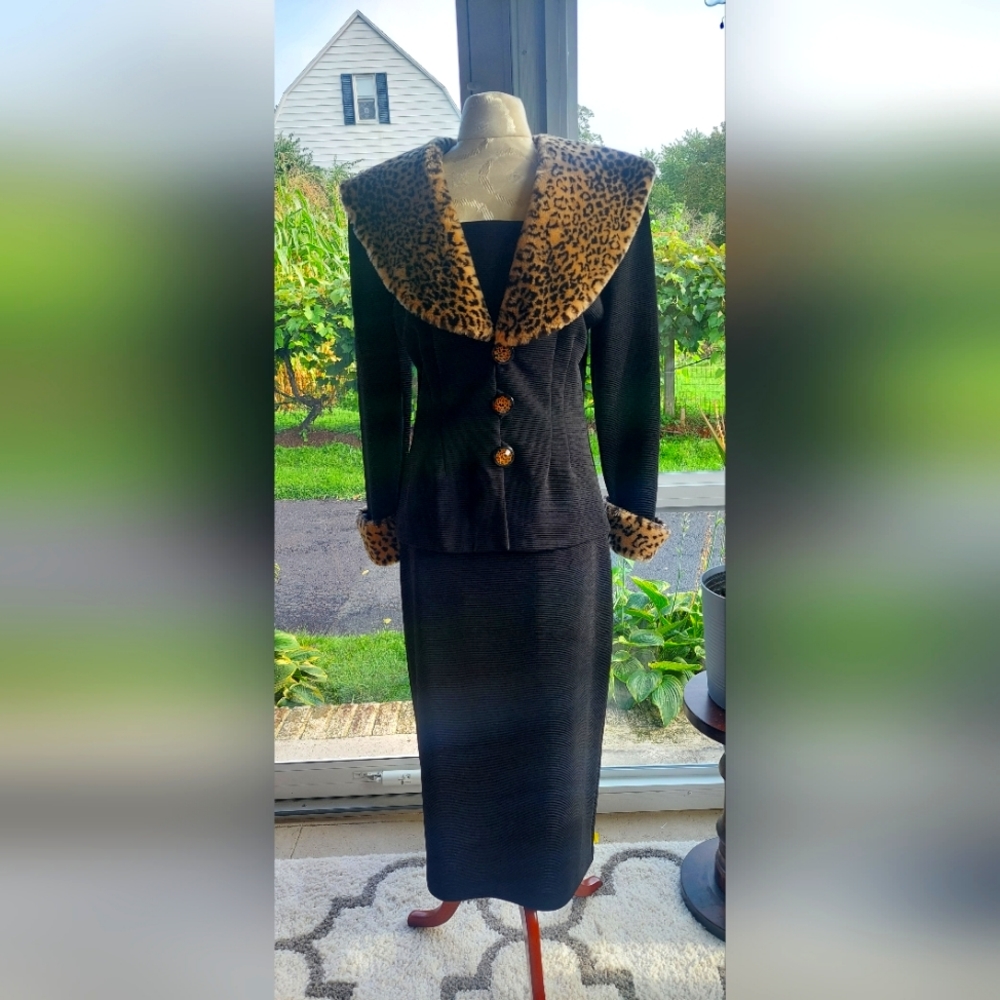 Cache Leopard & black skirt & jacket two-piece suit union made vintage size Med - Picture 1 of 16